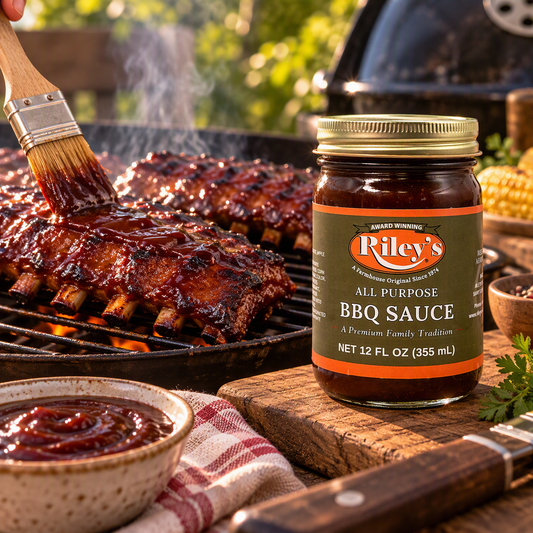 Riley's All-Purpose BBQ Sauce brushed onto ribs on the grill
