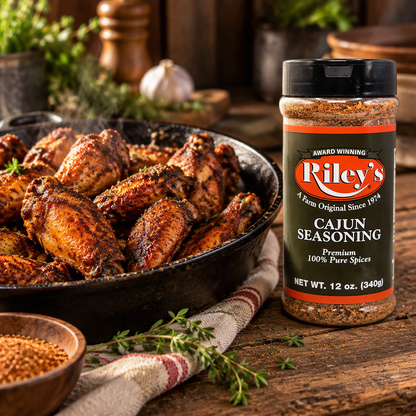 Riley's Cajun Seasoning 12 oz with a cast-iron skillet of cajun chicken wings