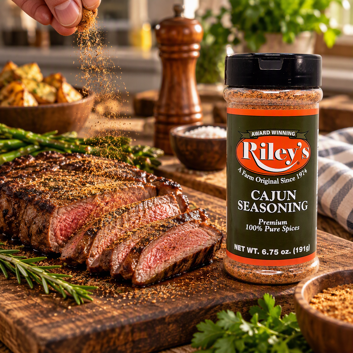 Riley's Cajun Seasoning 6.75 oz sprinkled over a sliced grilled steak