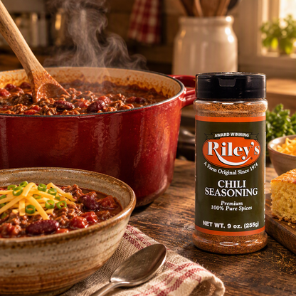 Riley's Chili Seasoning 9 oz with a steaming pot of homemade chili and cornbread