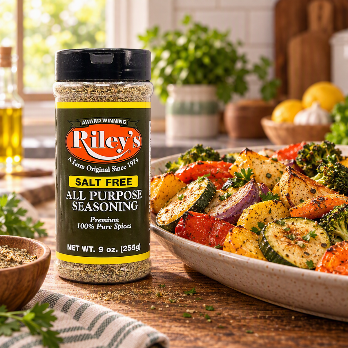 Riley's Salt Free All Purpose Seasoning 9 oz with a platter of roasted vegetables in a bright farmhouse kitchen