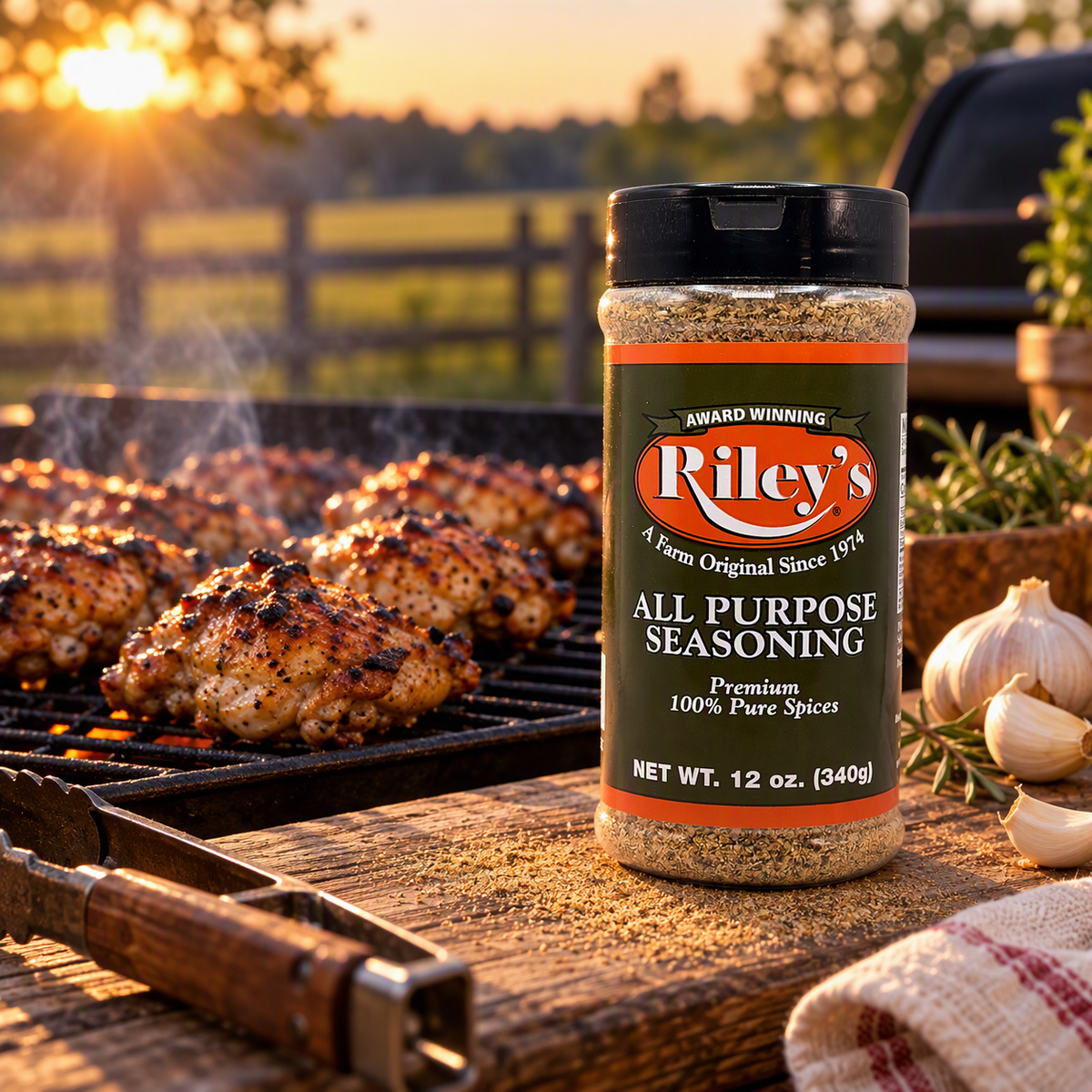 Riley's All Purpose Seasoning 12 oz on a grill table at sunset with seasoned chicken